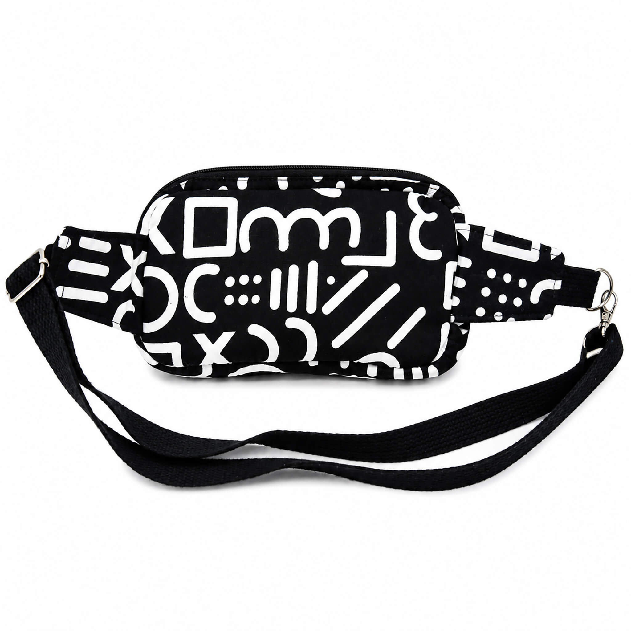 Vue arrière d'un sac bandoulière unisexe noir et blanc avec sangle réglable.
