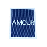 Navy blue shweshwe poster with the text Amour