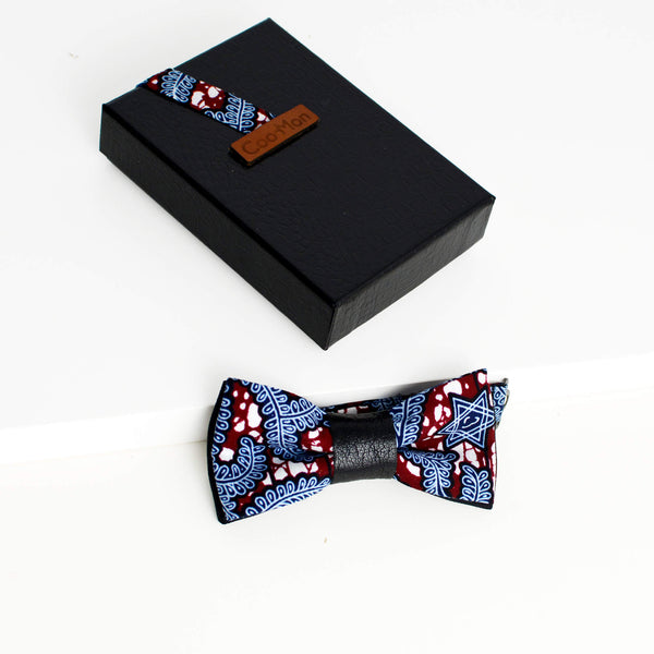 blue gray and burgundy bow tie with a black recycled leather piece