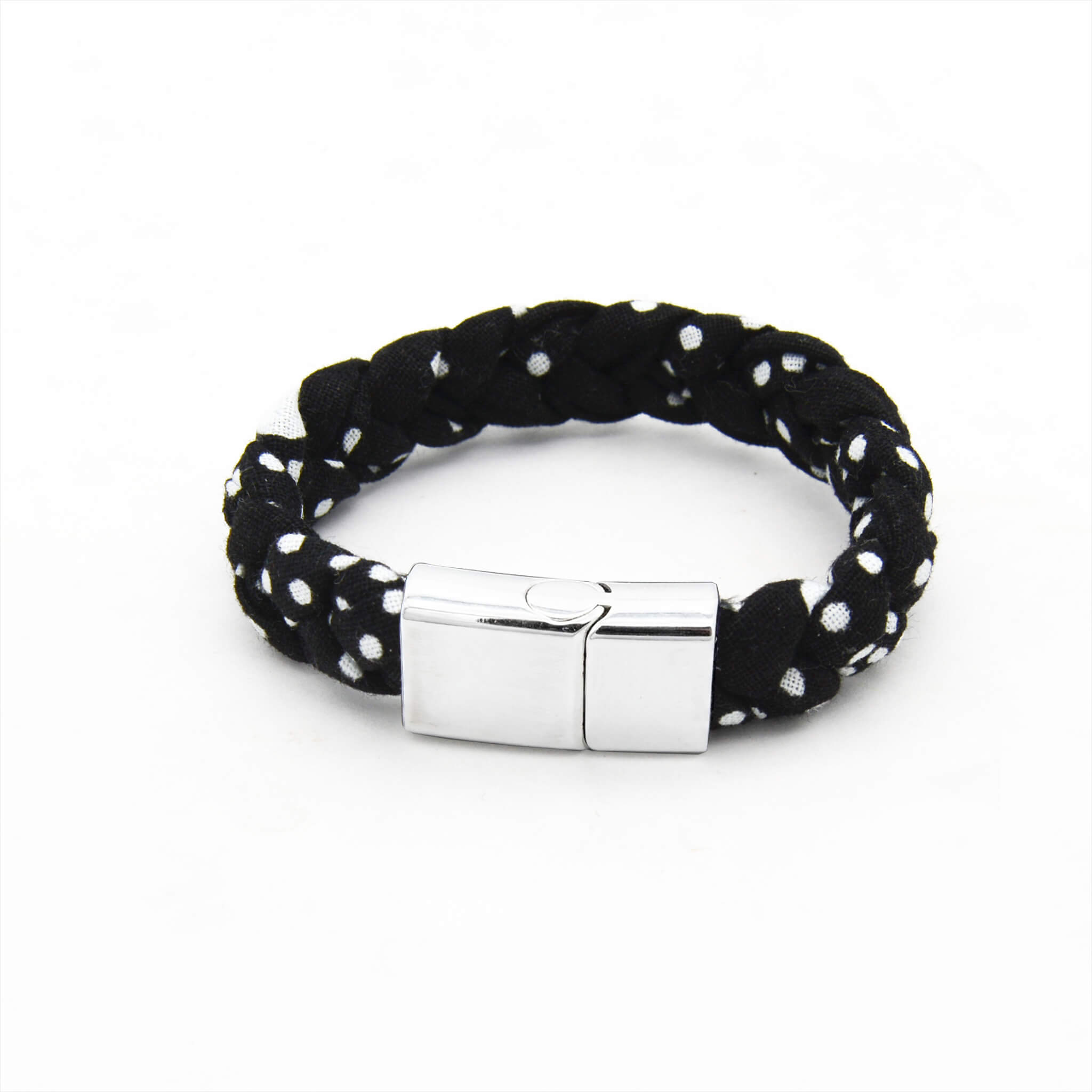 Bracelet tressé noir à pois blancs – Fermoir métallique