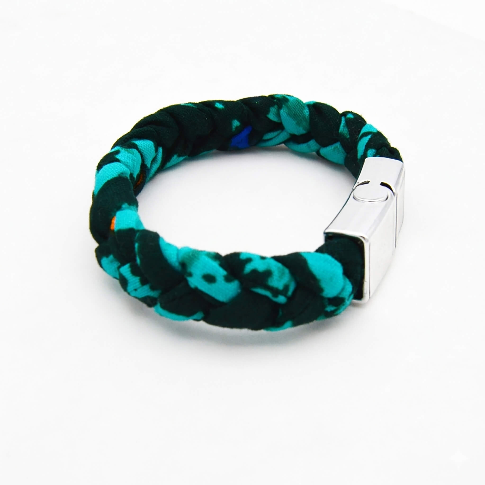 Turquoise Green and Dark Green Braided Fabric Bracelet – Metal Clasp