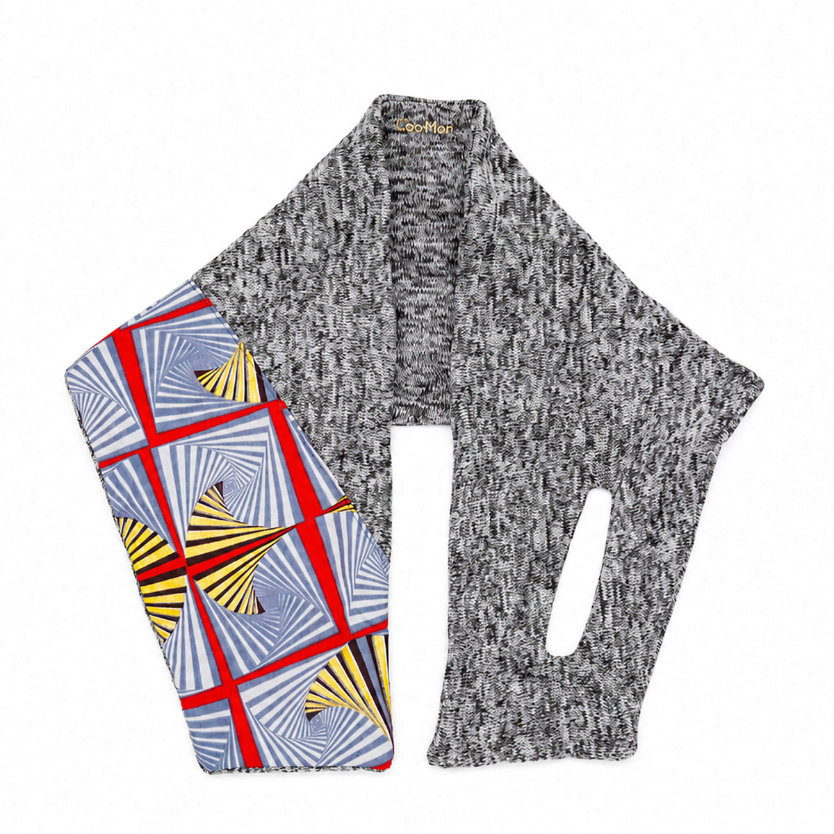 Cache-cou unisexe réversible gris en tricot molleton avec appliqué wax multicolore