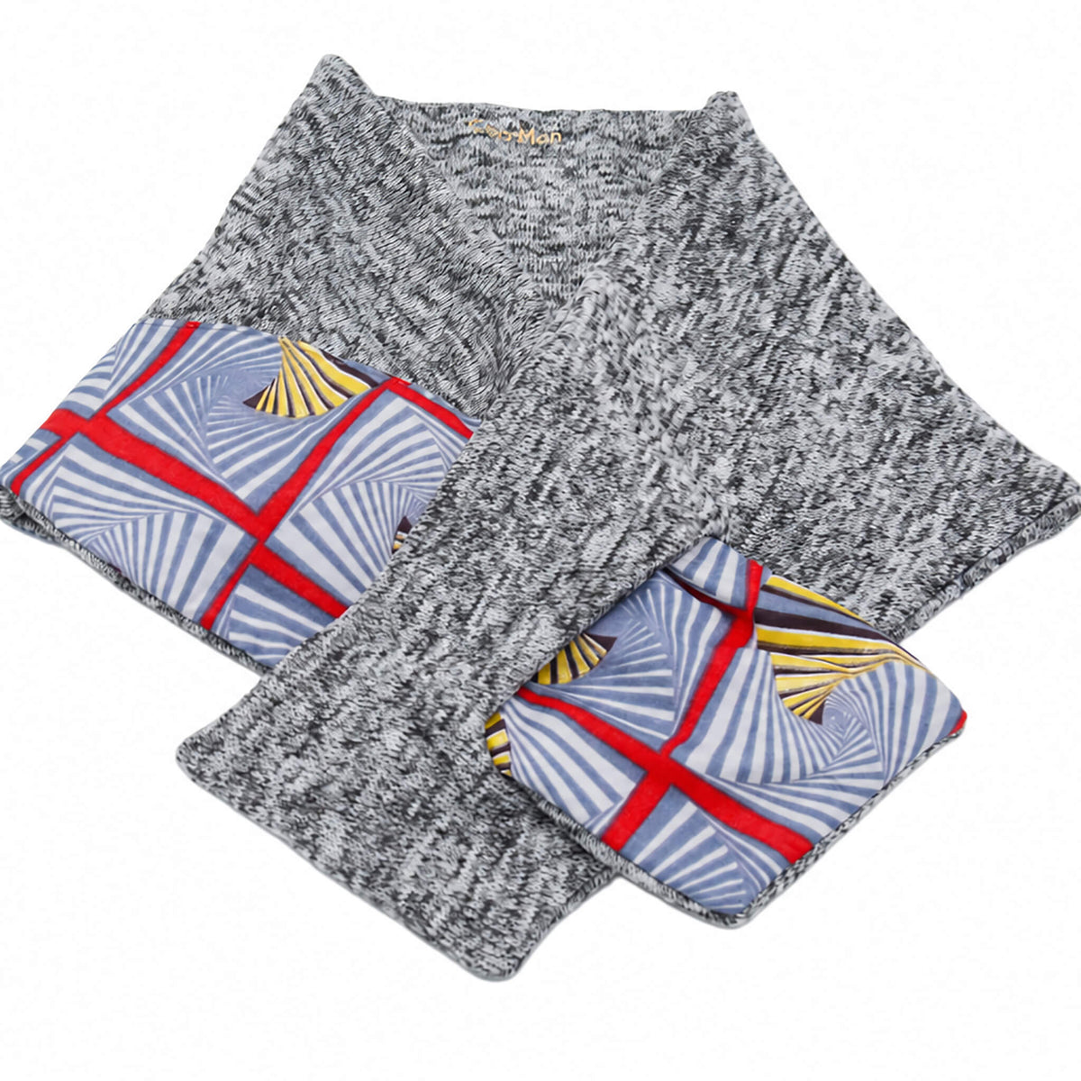 Red Reversible Fleece KnGrey Reversible Fleece Knit Neck Warmer with Multicolour Wax Print Appliqué – Unisexit Neck Warmer with Red and Black Wax Print Appliqué