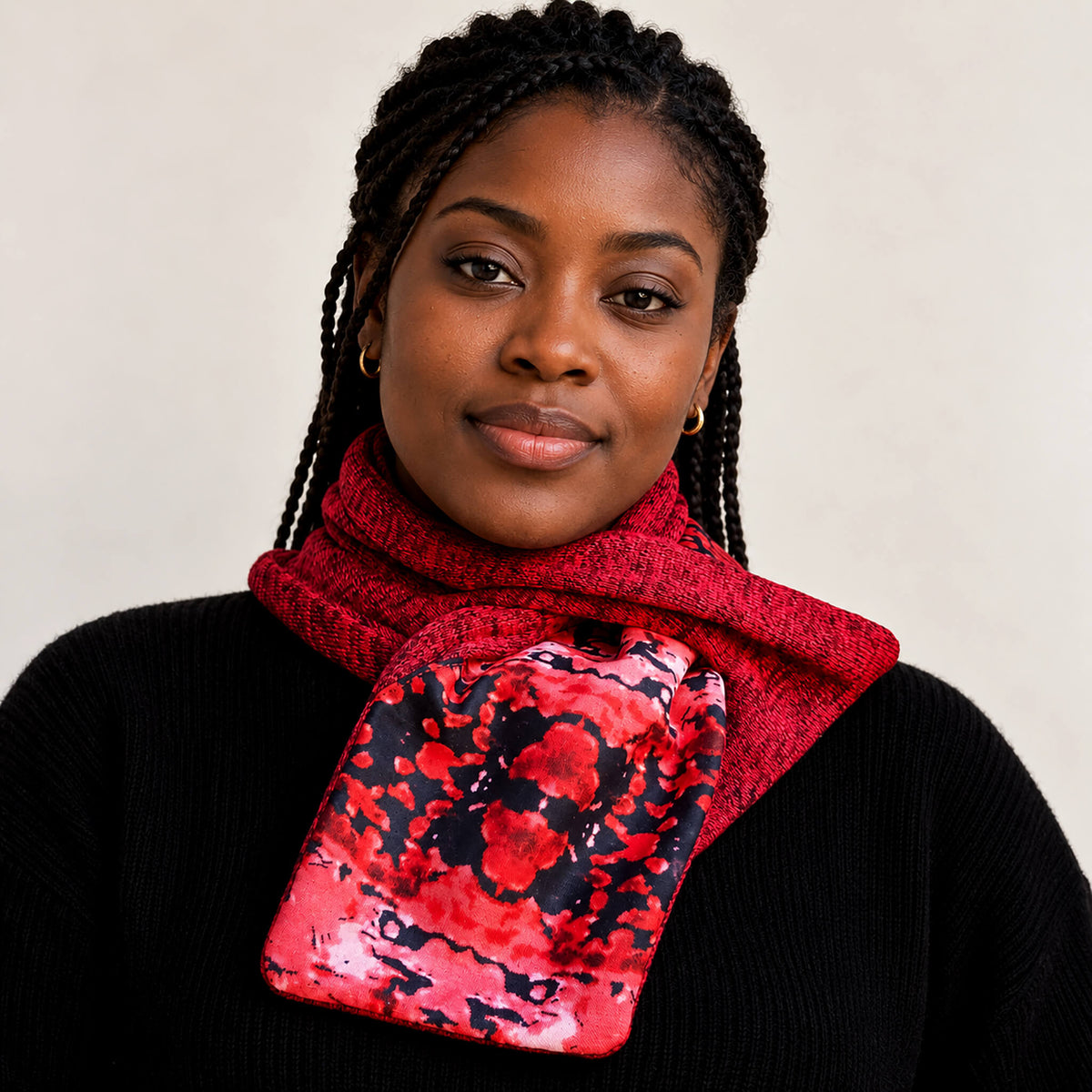 Red Reversible Fleece Knit Neck Warmer with Red and Black Wax Print Appliqué