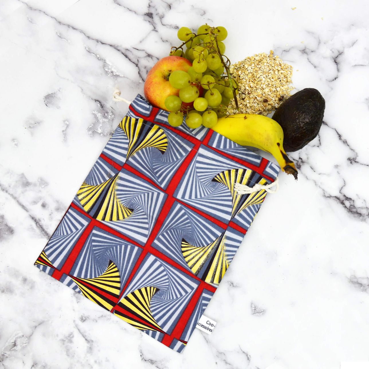 Sacs À Vrac, Ensemble De 3, Pagne Africain Gris Jaune Rouge