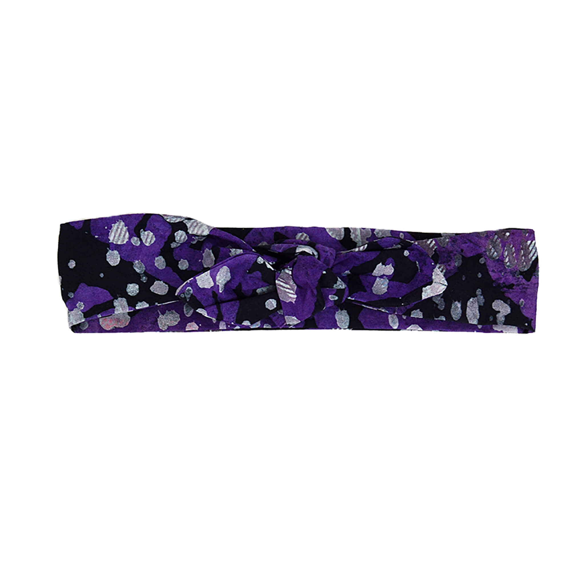 bandeau à nouer mauve et noir avec pois blanc en tissu batik