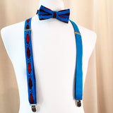 men blue bow tie and suspenders set made of African fabric and handmade in Quebec by Coo-Mon