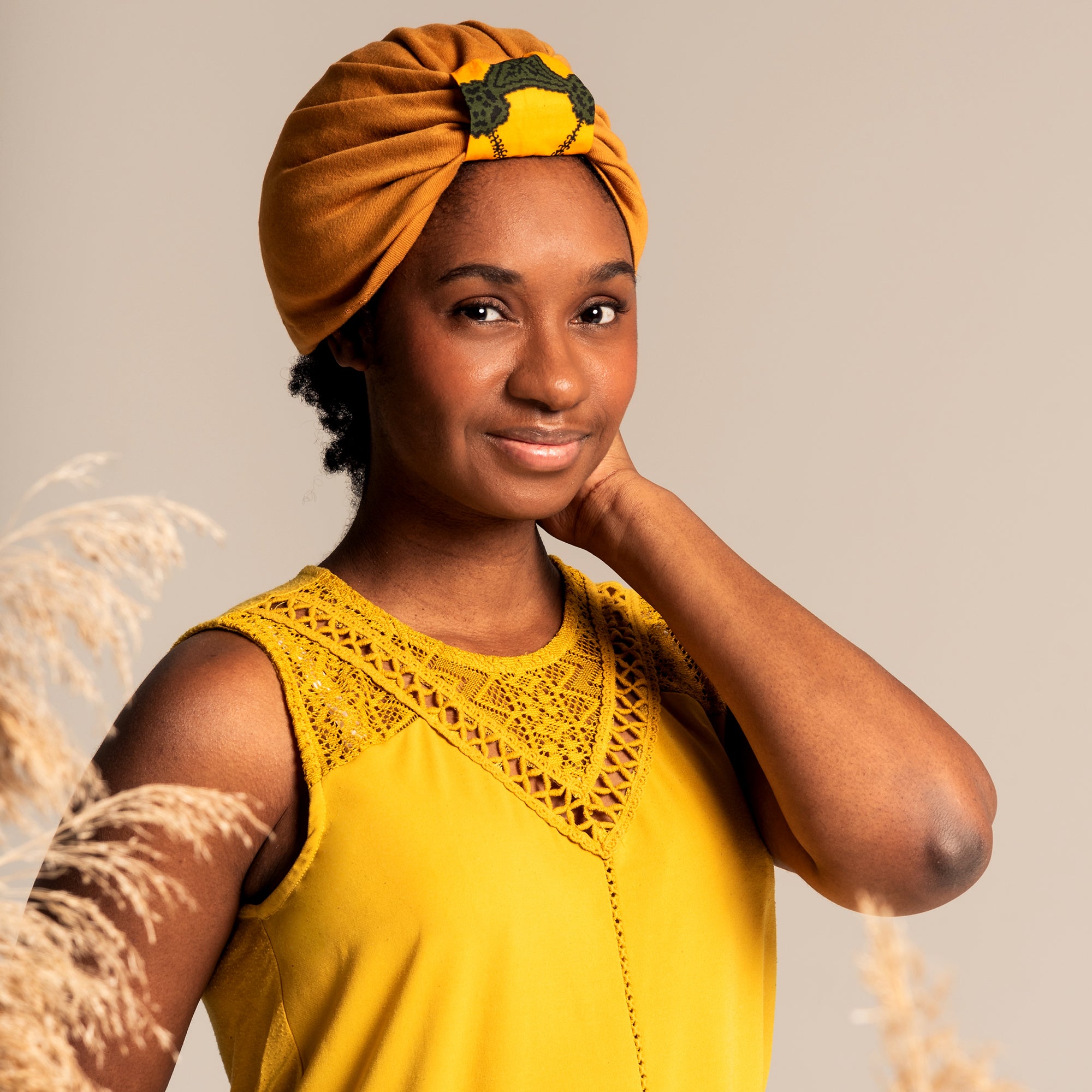 Mom And Baby Turban Beanies Set - Mustard Yellow