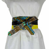 Waist-defined Wrap Belt, Obi Belt - Yellow Dashiki Fabric