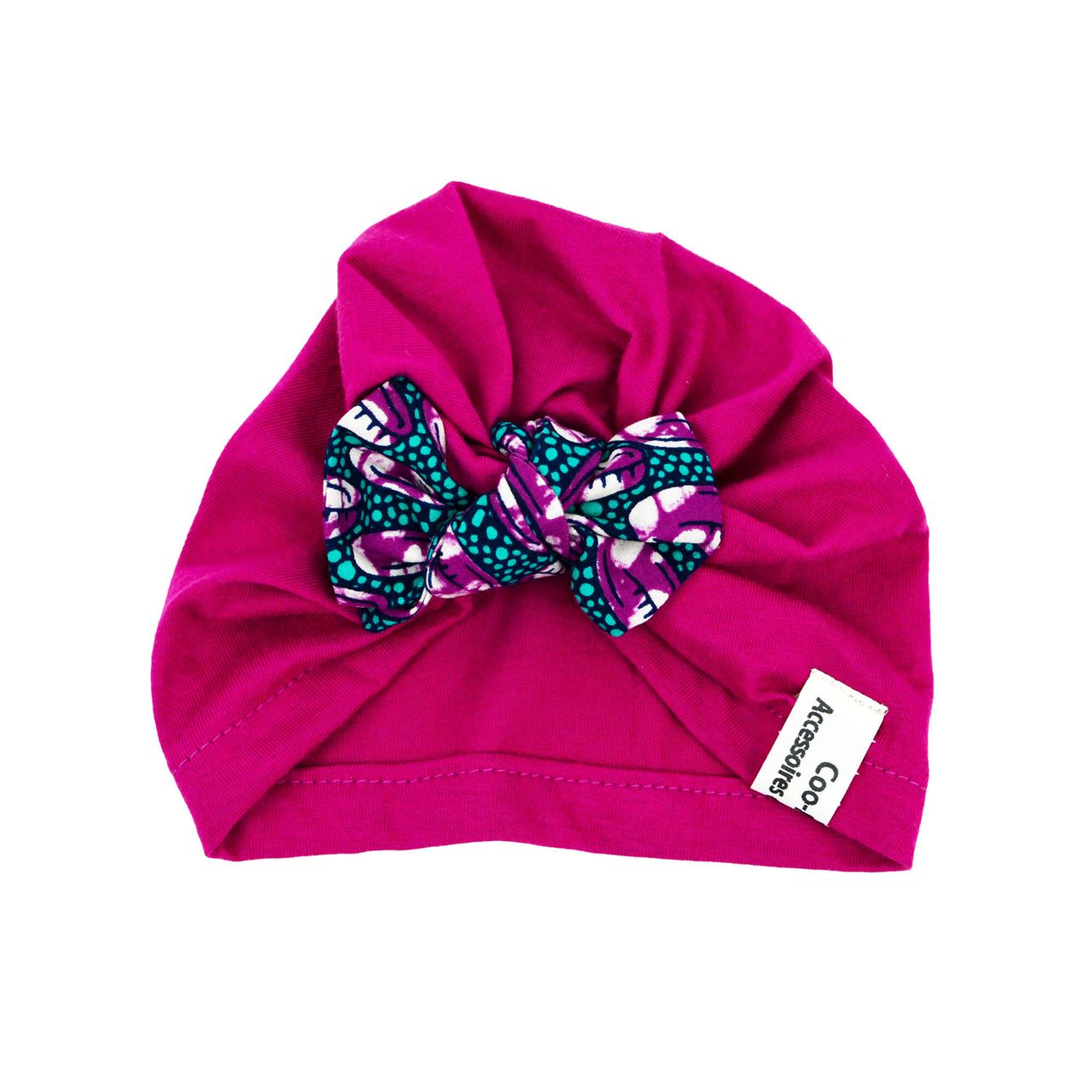 Turban Bébé - Mauve, Noeud Mauve Et Vert Pagne Wax