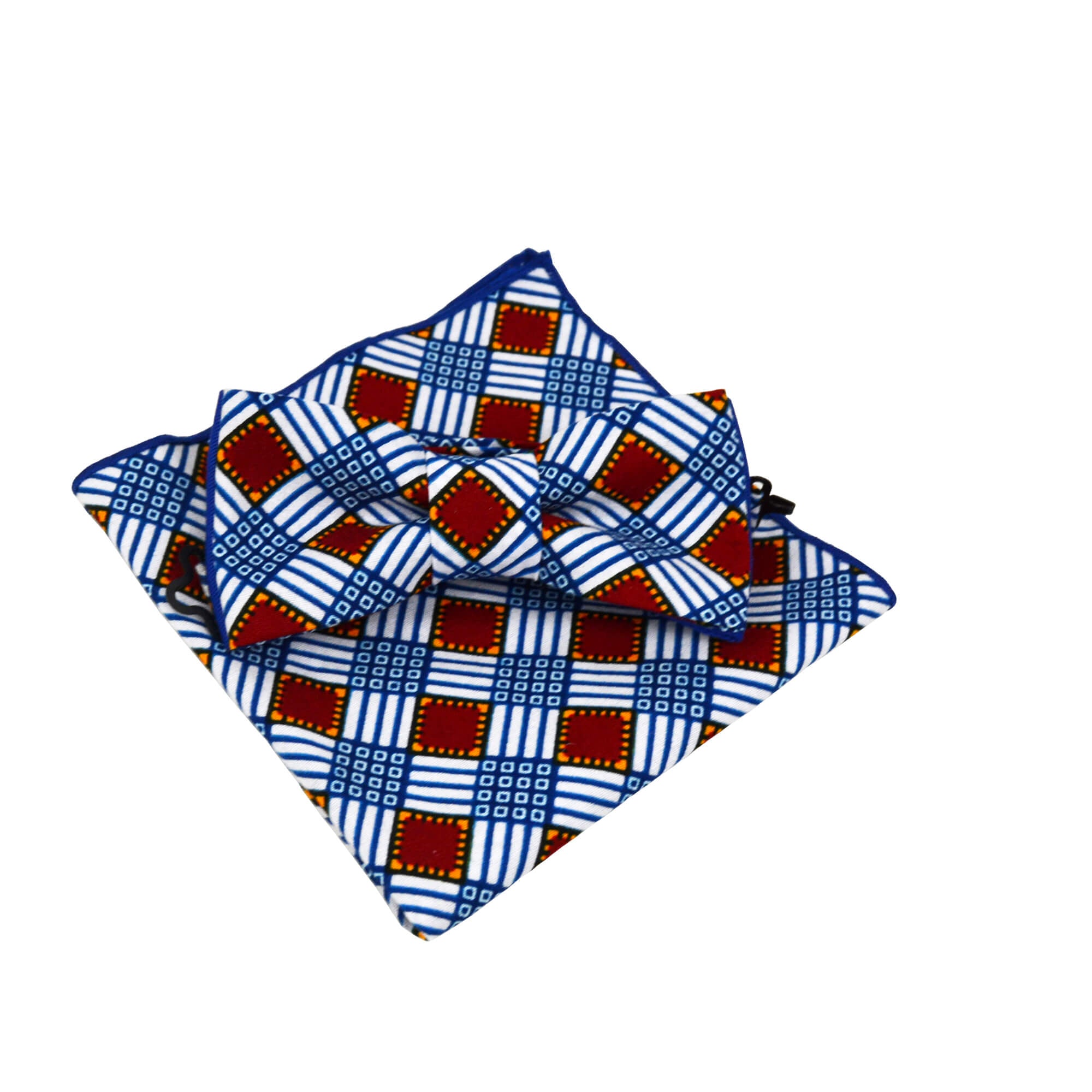 ensemble noeud papillon et mouchoir de poche bleu rouge blanc en pagne wax