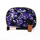 trousse de maquillage mauve tachetée de blanc et noire faite main à Montréal