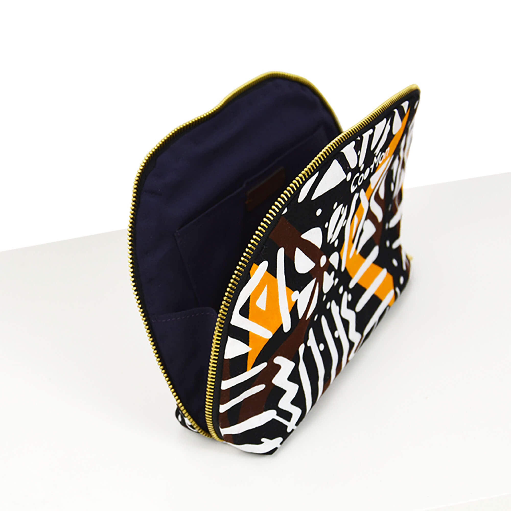 trousse de beauté coloré blanc, brun orange avec fermetture dorée