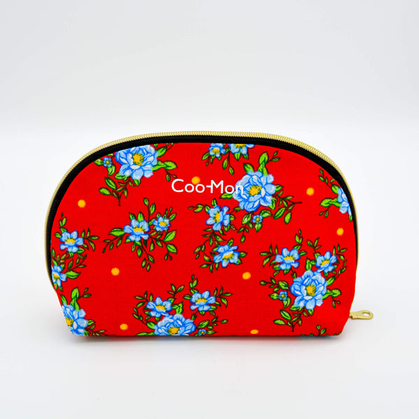 Trousse de maquillage en tissu Chita rouge à fleurs bleues