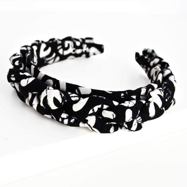 black and white African print braided headband handmade in Montreal
