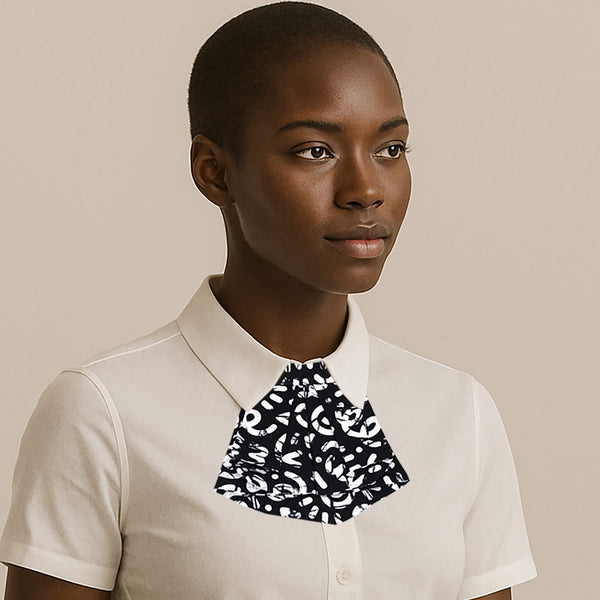 black unisex short tie witth white graphic pattern handmade in quebec