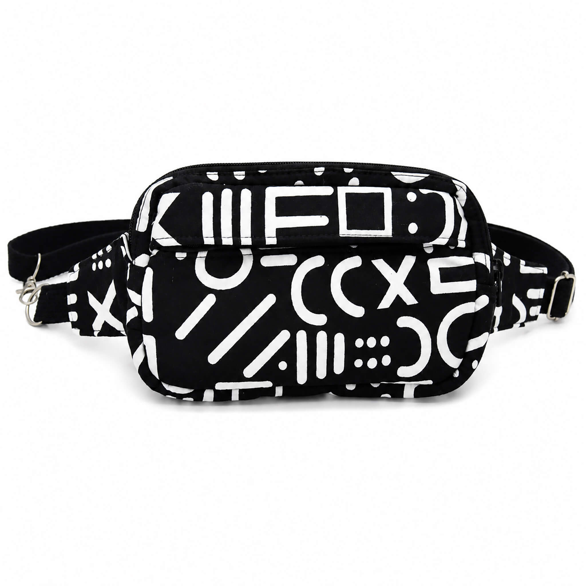 Sac bandoulière unisexe noir et blanc avec poche avant zippée et sangle réglable, vue de face.