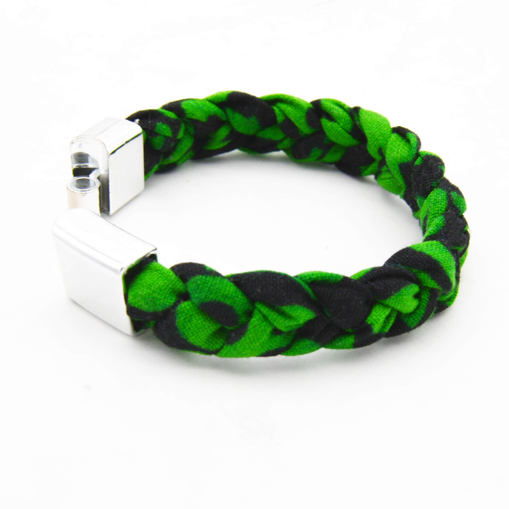 Bracelet tressé en tissu vert et noir – Fermoir métallique