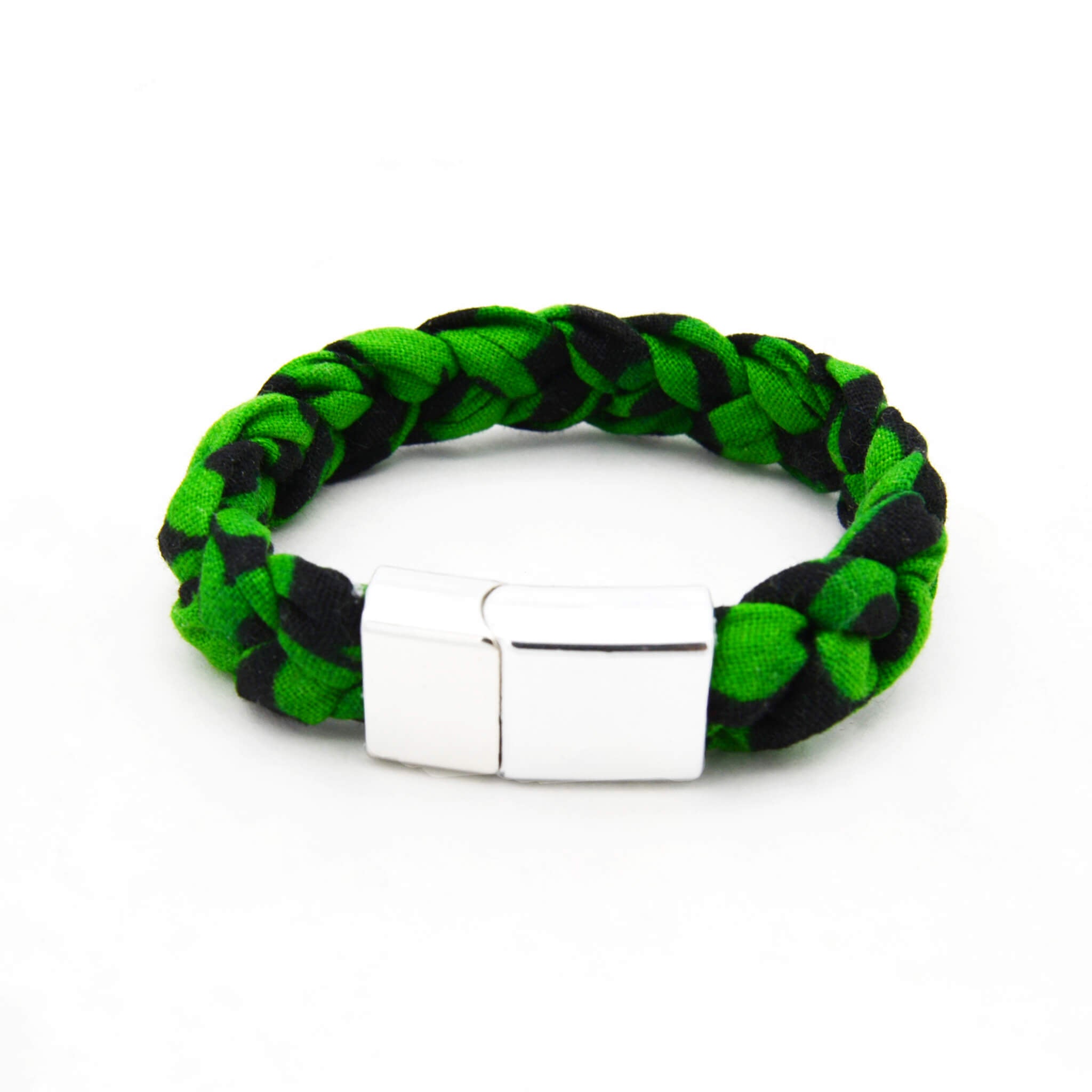 Bracelet tressé en tissu vert et noir – Fermoir métallique