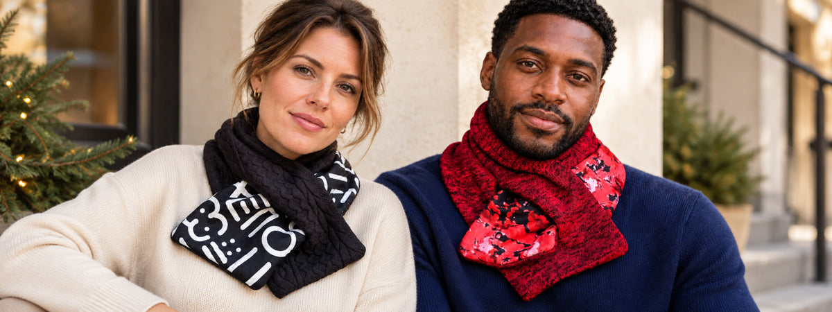 Homme et femme portant des cache-cous unisexes Coo-Mon en tricot et tissu imprimé, faits à Montréal