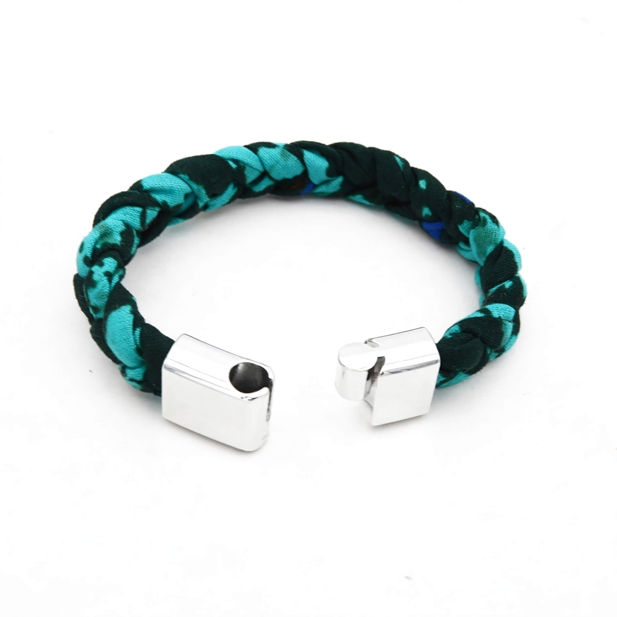 Turquoise Green and Dark Green Braided Fabric Bracelet – Metal Clasp