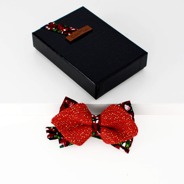 elegant handmade red sparkling bow tie with burlap and african print handmade in Quebec