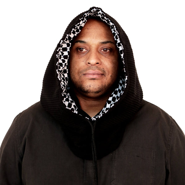 reversible black hooded neck warmer in knit and african print