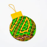 Ornement de Noël plat en tissu recyclé – vert, doré et brun