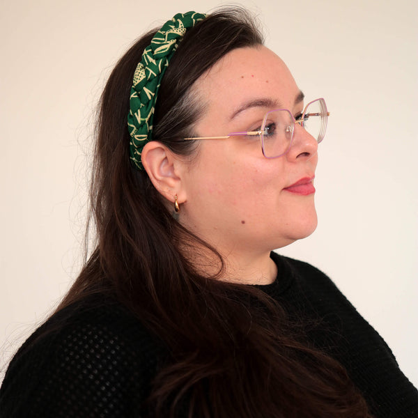 green braided headband handmade in Montreal, Quebec