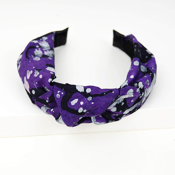 purple with black and white speckles knot headband handmade in Quebec