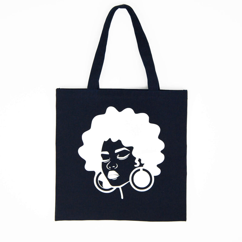 Reusable Navy Blue Cotton Tote Bag – Black woman with big earrings