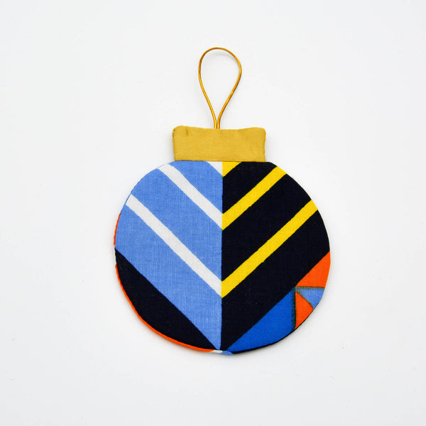 Ornement de Noël plat en tissu recyclé – Motif géométrique bleu, jaune, noir et orange