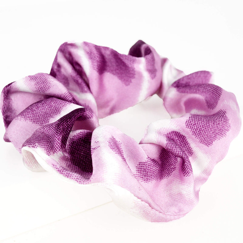 purple and white satin silk scrunchie handmade in Quebec