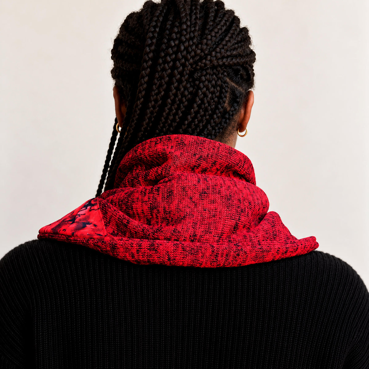Red Reversible Fleece Knit Neck Warmer with Red and Black Wax Print Appliqué