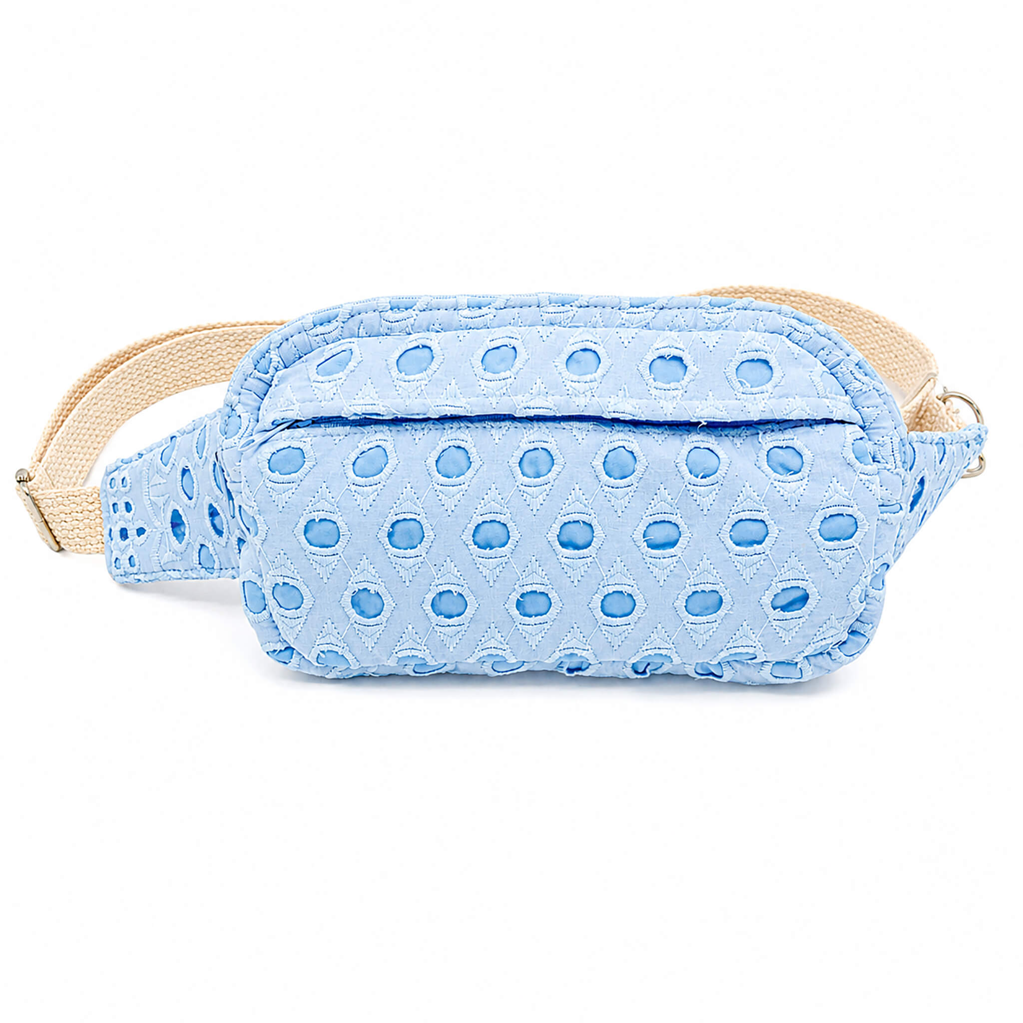 Sac bandoulière convertible en dentelle Lace bleu ciel avec sangle réglable, fabriqué à la main à Montréal.