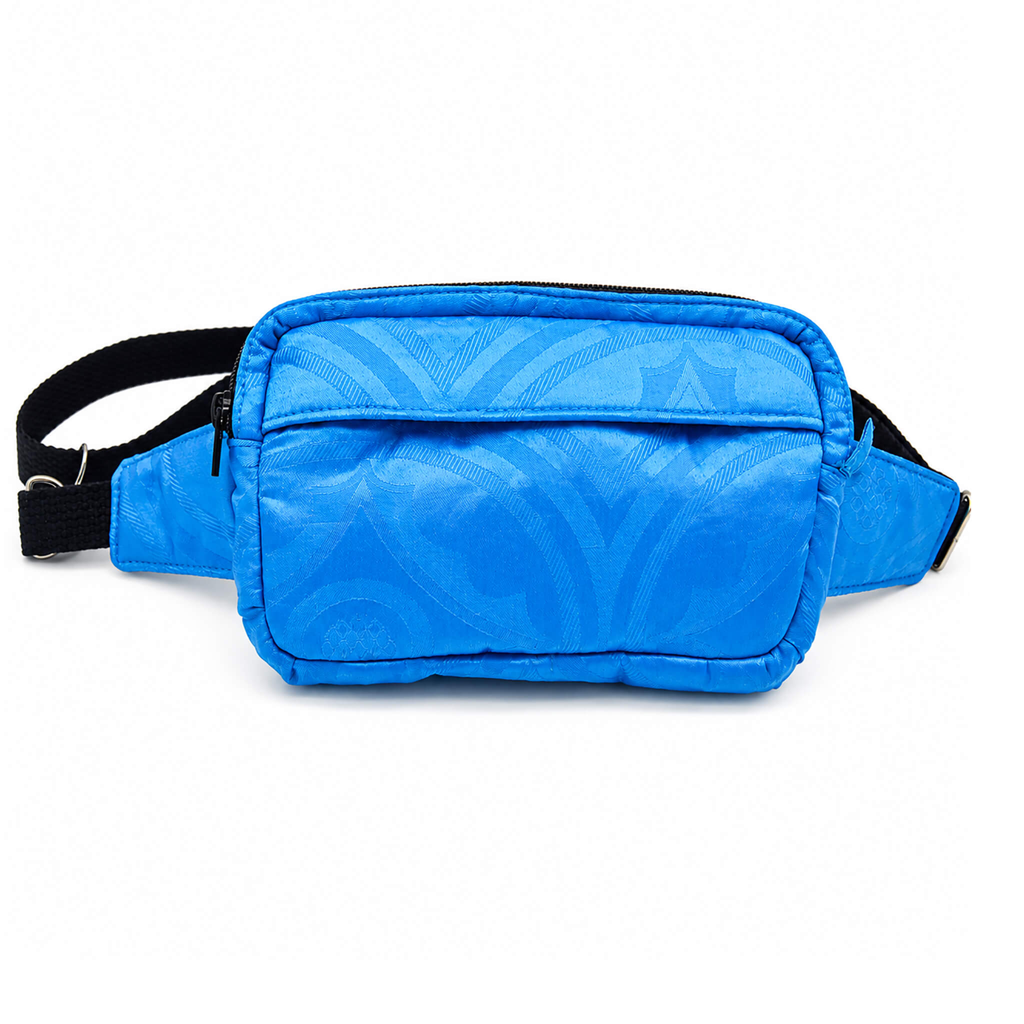 Sac bandoulière convertible en bazin turquoise fait main avec poche extérieure zippée et sangle noire ajustable