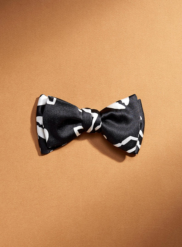 Self Tie Bow Tie - Black Satin With Cowrie Pattern