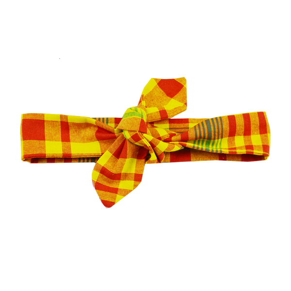 Bow Tie Headband, Knot Hairband - Plaid Yellow Madras