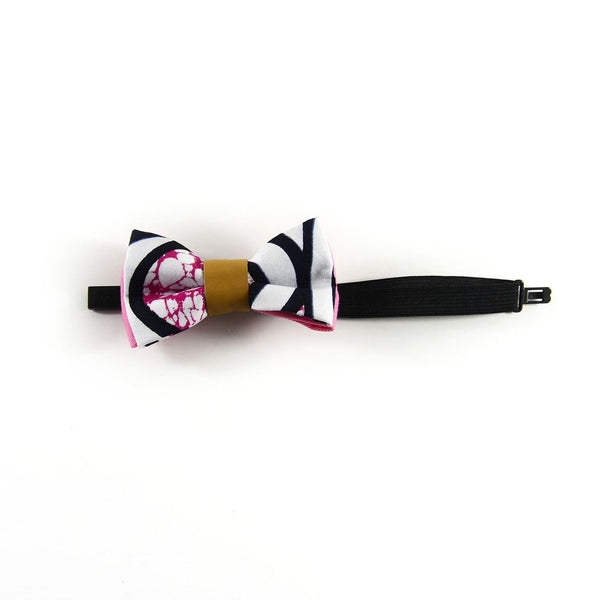 Boy Bow Tie - Recycled Leather & White Striped African Print