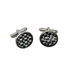 silver plated cufflinks with a black and white design