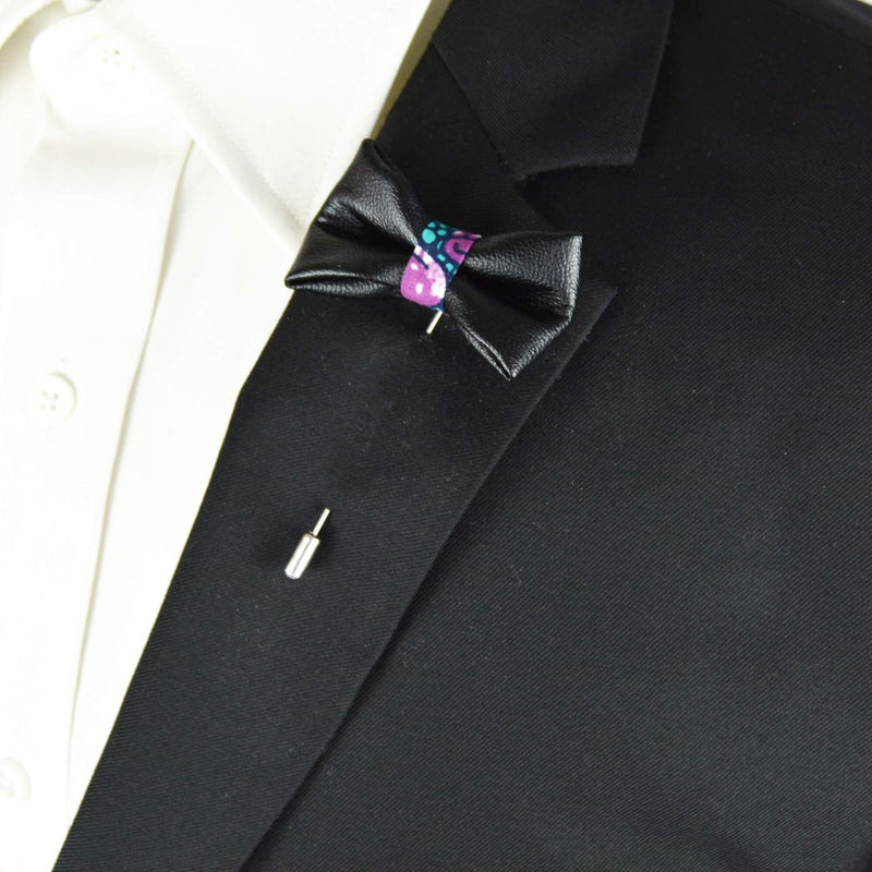 Lapel Pin - Faux Leather & Purple African Print Bow Tie