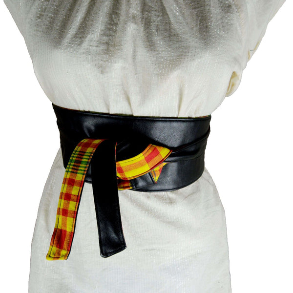 Wide Wrap Belt, Obi Belt - Yellow Red Plaid Madras Fabric