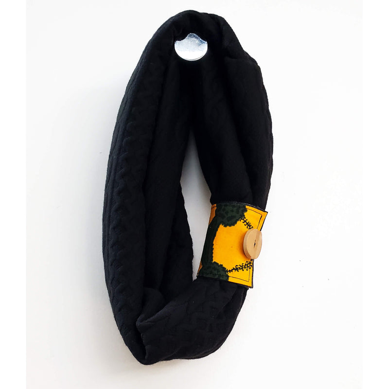 Infinity black knit scarf, African print, recycled leather, Child 