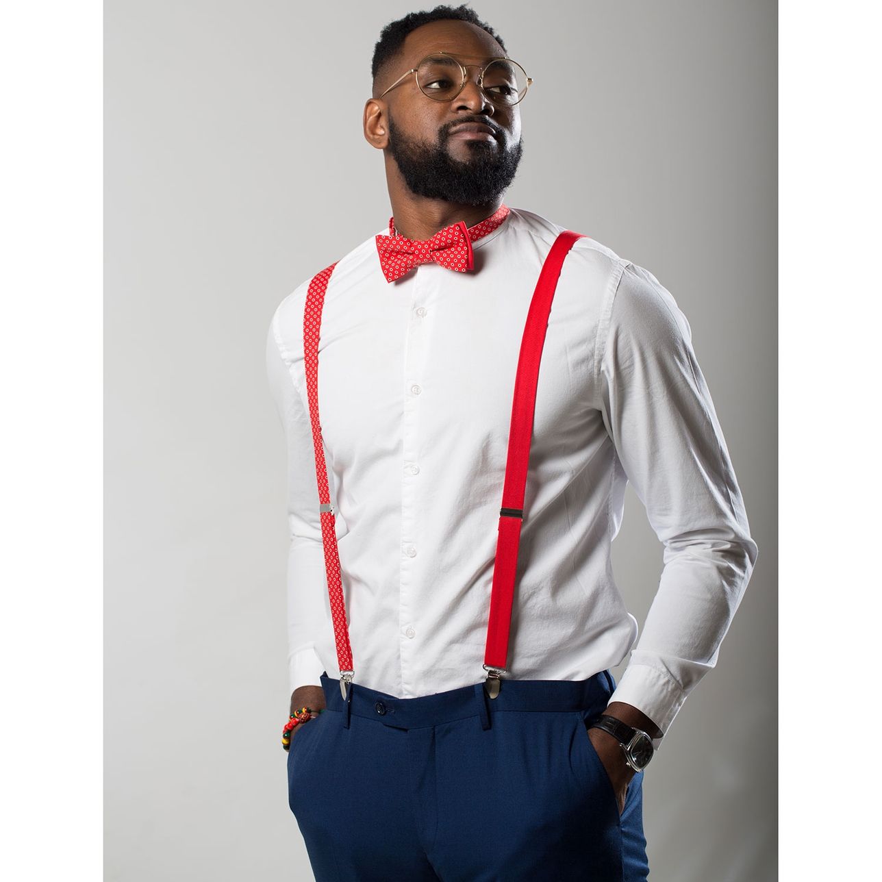 Noeud Papillon Et Bretelles - Rouge Pois Blanc Shweshwe