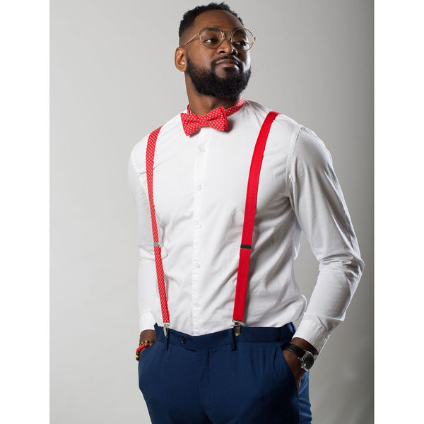 red dress shirt with black bow tie and suspenders Solid Suspender Bow Tie and Handkerchief set ASS11N