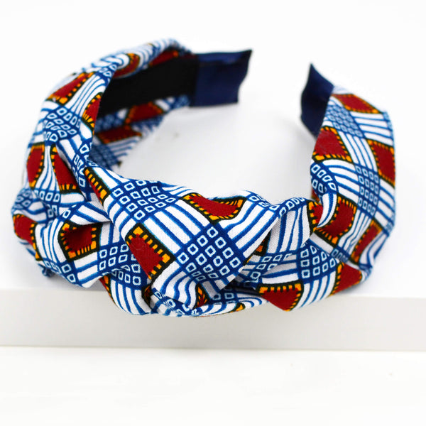 blue and red plaid knot headband