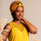 Women Turban Hat - Mustard Yellow Knit And African Print Knot