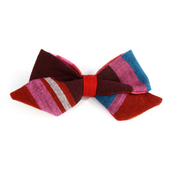 Hair Bow, Baby Hair Barrette -Red Pink Madras Fabric