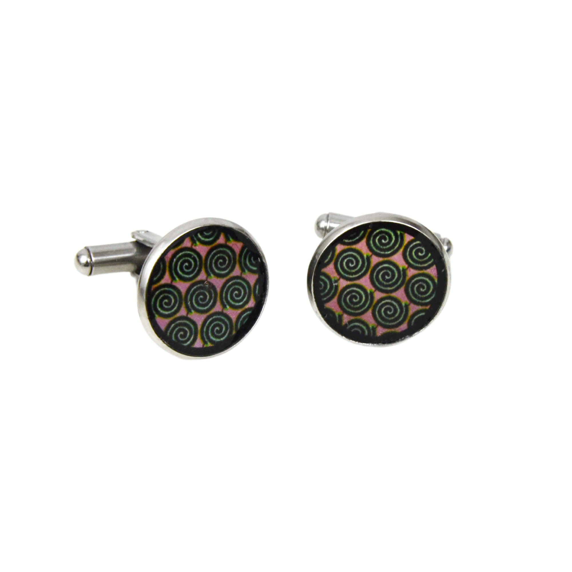 boutons de manchette ovales avec un motif rose portant des spirales vertes