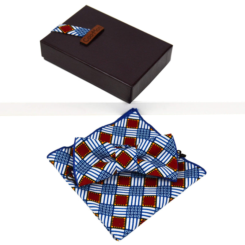 blue red white plaid bow tie and pocket square set made of African print